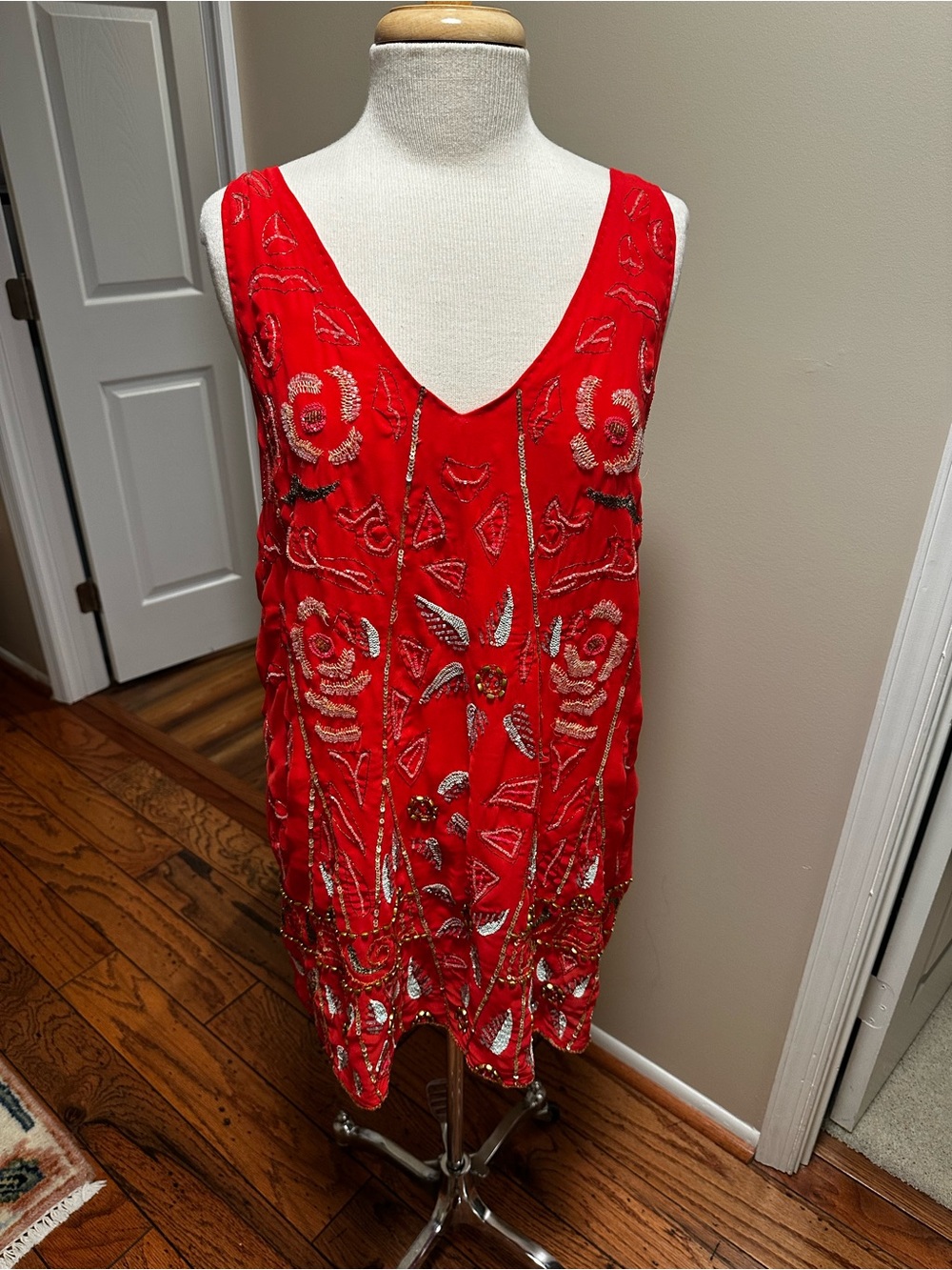 Free People Red Beaded V-Neck ShiftDress